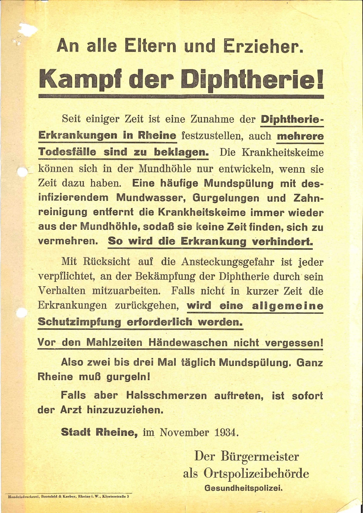 Aufruf zur Bekämpfung der Diphtherie in Rheine (1934) Aufruf zur Bekämpfung der Diphtherie in Rheine (1934)